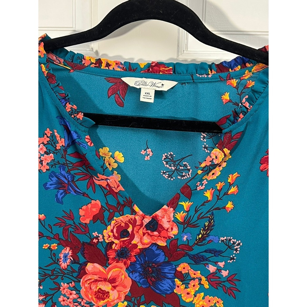 The Pioneer Woman Floral Blouse XXL Cottagecore Ruffle Neck Teal Blue - Picture 4 of 6